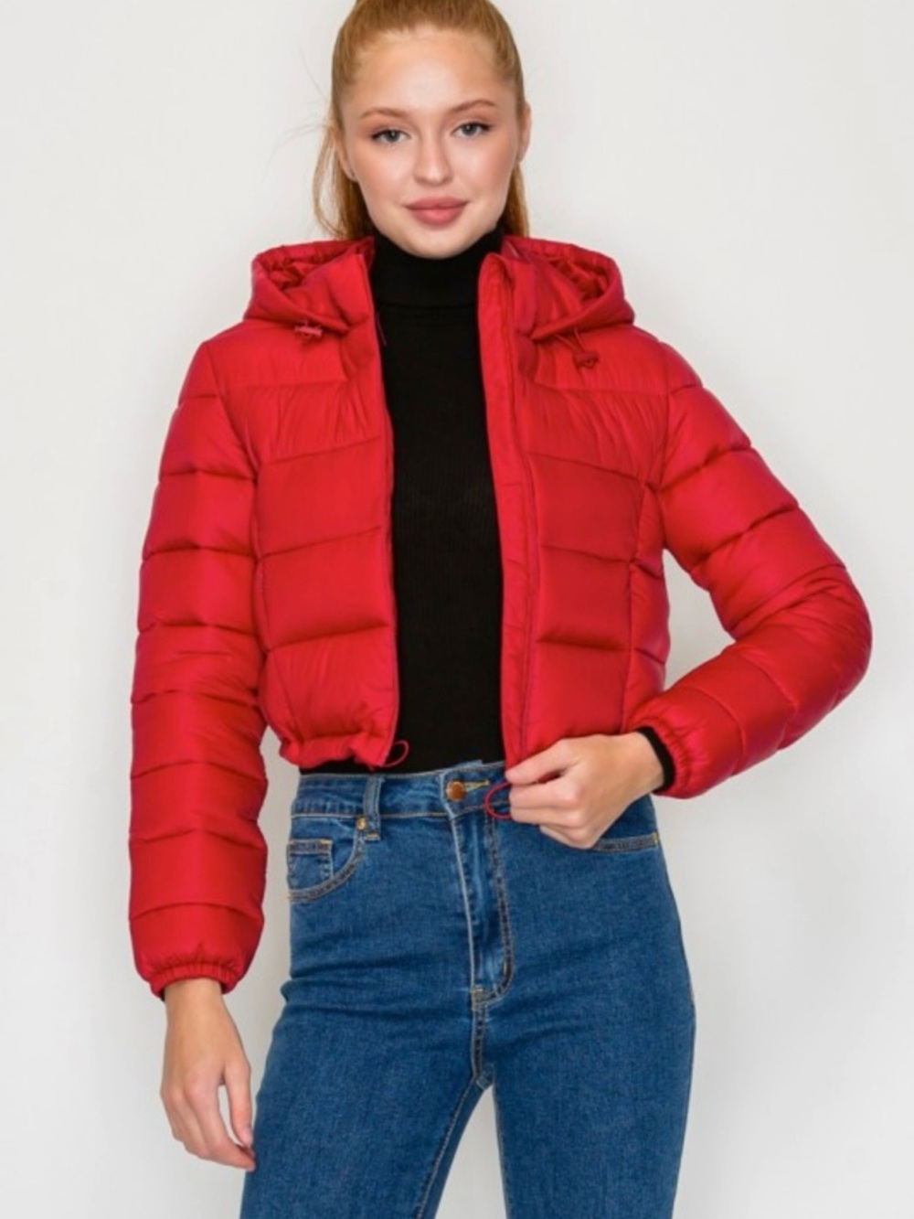 Red Hooded Puffer Jacket - Women